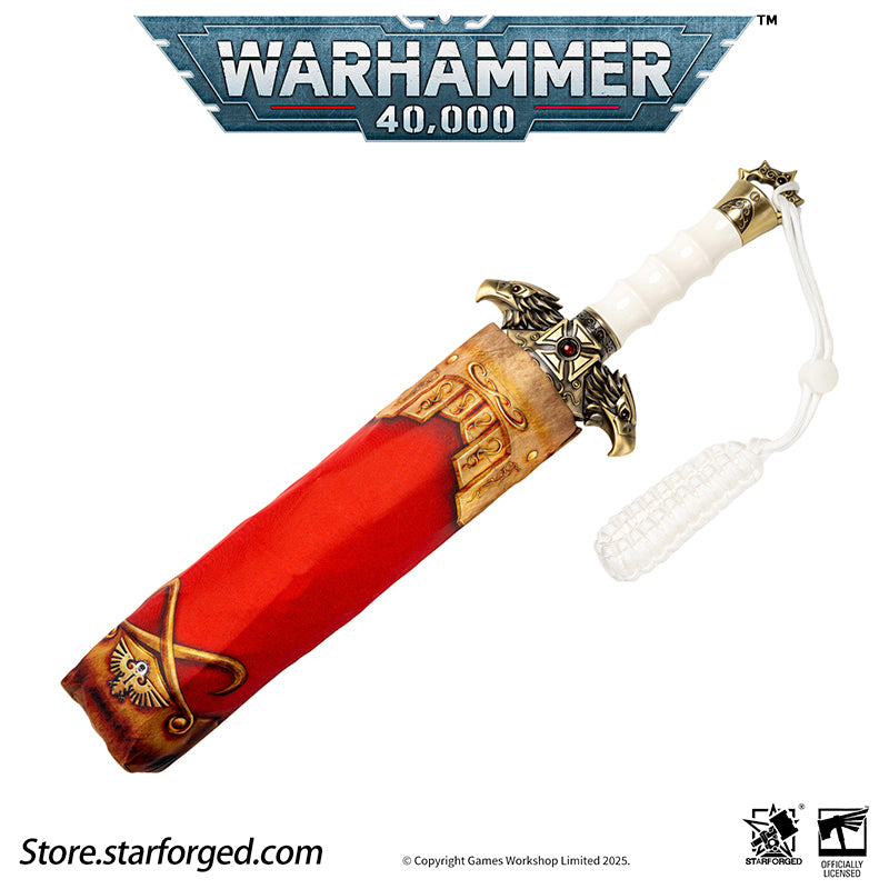 Starforged Warhammer 40K Adeptus Custodes Misericordia Umbrella Men's Accessories Birthday Gift Other The Misericordia is the signature shortblade wielded by the Adeptus Custodes. Each neophyte who ascends to the ranks of the Emperor's chosen is bestowed this mastercrafted blade - a weapon as elegant as it is lethal. Wrought in auric alloys and luna silver, its haft is perfectly balanced to its bearer's grip, while its machine-spirit commands molecular disruption fields capable of breaching even Terminator
